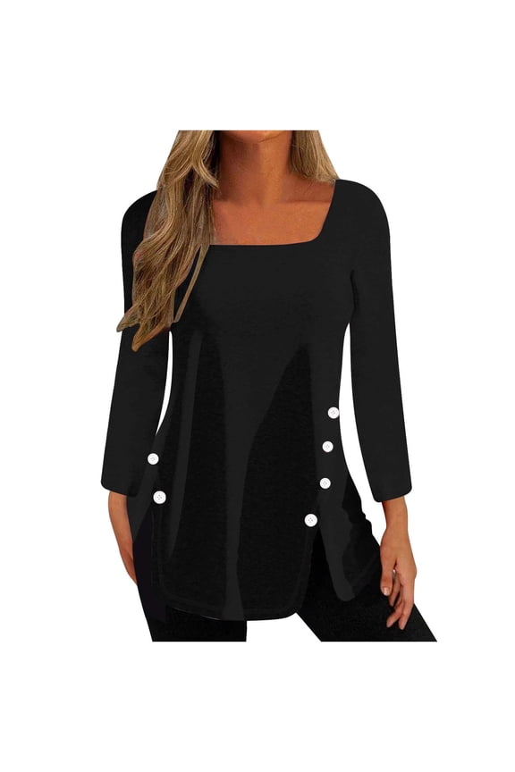 Womens Fashion Tunic Tops Square-Neck Solid Color Side Button Split Hem Loose T-Shirt Mid-Length Long Sleeves Blouse Round Neck Casual Tops Pullover Black