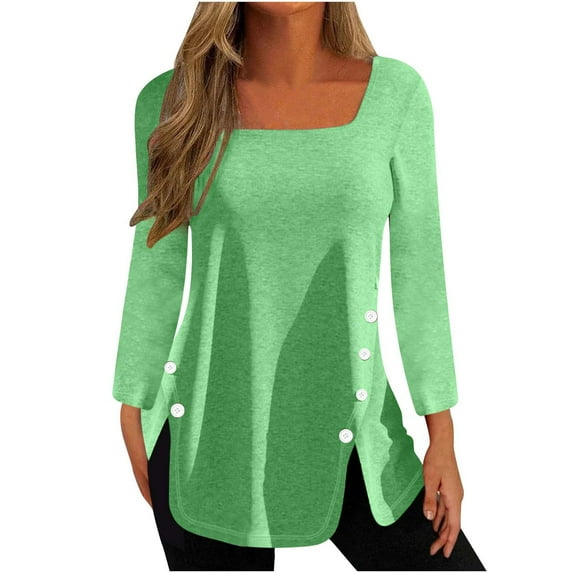 WREESH Womens Fashion Tunic Tops Square-Neck Solid Color Side Button Split Hem Loose T-Shirt Mid-Length Long Sleeves Blouse Round Neck Casual Tops Pullover Green
