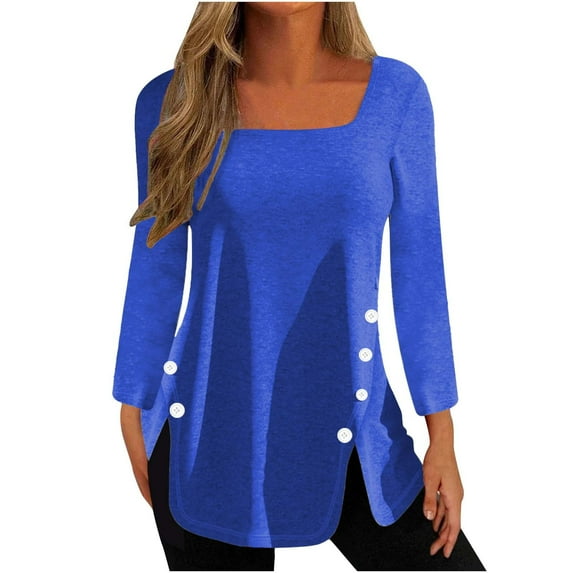 WREESH Womens Fashion Tunic Tops Square-Neck Solid Color Side Button Split Hem Loose T-Shirt Mid-Length Long Sleeves Blouse Round Neck Casual Tops Pullover Blue