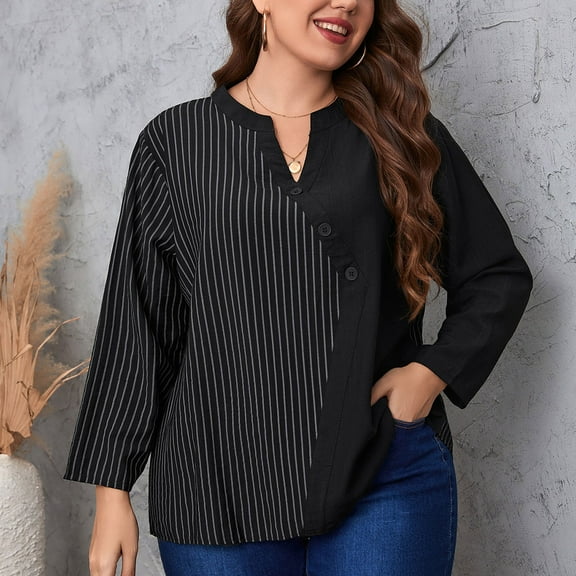 WREESH Womens Fashion Tunic Tops V-Neck Solid Color Plus Size Long Sleeve Round Neck Button Fallow Loose T-Shirt Pullover Black