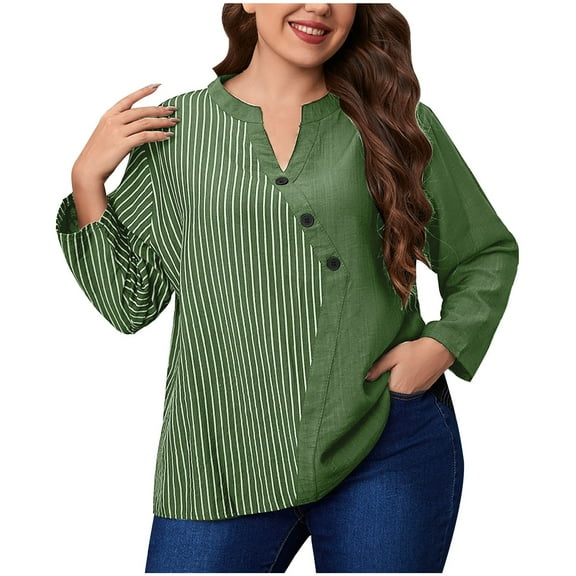 WREESH Womens Fashion Tunic Tops V-Neck Solid Color Plus Size Long Sleeve Round Neck Button Fallow Loose T-Shirt Pullover Green