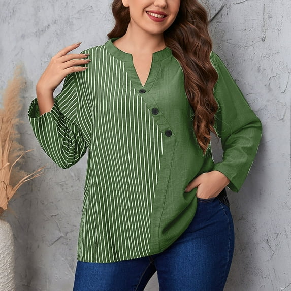 WREESH Womens Fashion Tunic Tops V-Neck Solid Color Plus Size Long Sleeve Round Neck Button Fallow Loose T-Shirt Pullover Green