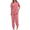 thumbnail image 1 of WREESH Womens Fashion Two Piece Outfits Solid Color Sweatsuits Loose Side Zipper Short Sleeve Crewneck Sweatshirt Jogger Sweatpant Lounge Sets Hot Pink, 1 of 6