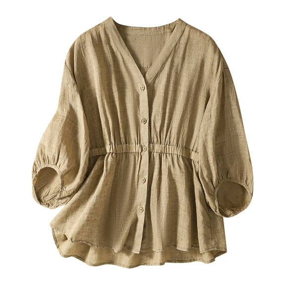 WREESH Womens Fashion Vintage Button Down Shirt Cotton Linen Solid Casual T-Shirt Short Sleeve V-Neck Sweatshirt Tops Blouse Khaki
