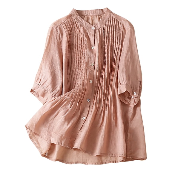 WREESH Womens Fashion Vintage Button Down Shirt Cotton Linen Solid Casual T-Shirt Short Sleeve V-Neck Sweatshirt Tops Blouse Orange