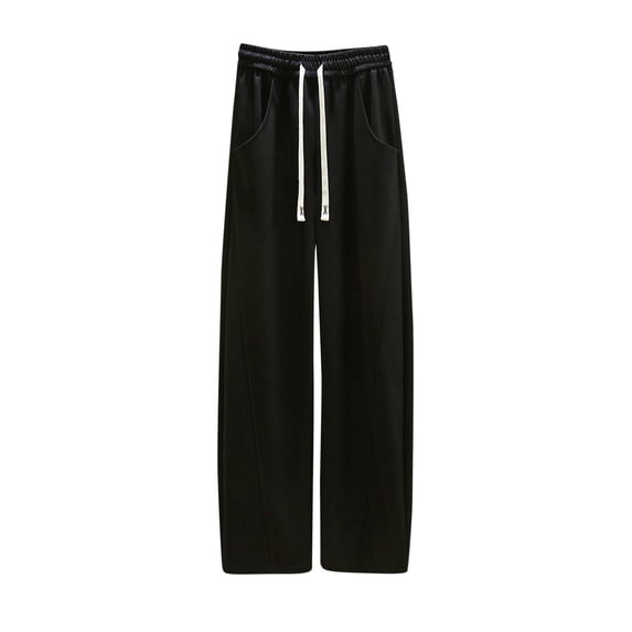 WREESH Womens Fashion Wide Leg Sweatpants Elastic High Waisted Drawstring Pants Loose Comfy Solid Color Workout Pants with Pockets Black