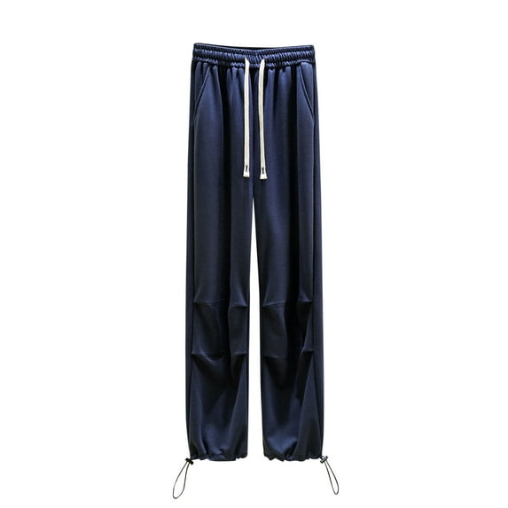 WREESH Womens Fashion Wide Leg Sweatpants Elastic High Waisted Drawstring Pants Loose Solid Color Workout Pants with Pockets Dark Blue