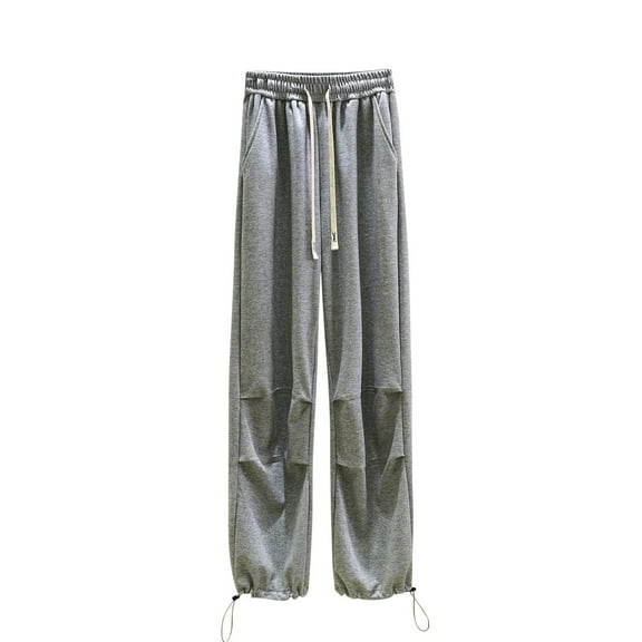 WREESH Womens Fashion Wide Leg Sweatpants Elastic High Waisted Drawstring Pants Loose Solid Color Workout Pants with Pockets Gray