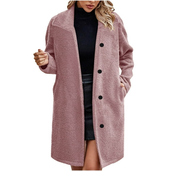 WREESH Womens Fleece Trench Coats Notched Lapel Double Breasted Pea Coat Winter Wool Blend Overcoats Solid Business Casual Coats Pink S-2XL