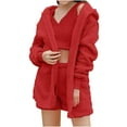 thumbnail image 1 of WREESH Womens Fuzzy 3 Piece Outfits Solid Fleece Warm Hooded Cardigan Crop Top Shorts Set Pajamas Loungewear Red, 1 of 6