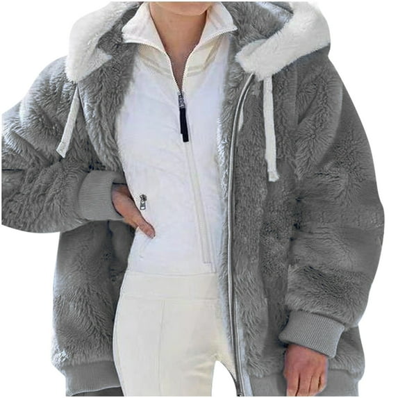 WREESH Womens Fuzzy Fleece Jackets Plus Size Hooded Coats Open Front Zipper Coat Thickened Winter Warm Outerwear Dark Gray