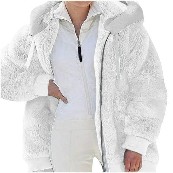 WREESH Womens Fuzzy Fleece Jackets Plus Size Hooded Coats Open Front Zipper Coat Thickened Winter Warm Outerwear White