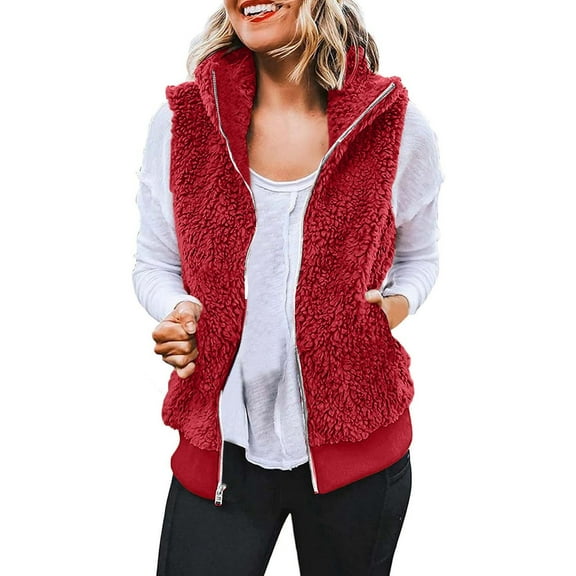 WREESH Womens Fuzzy Fleece Vest Casual Sleeveless Zip Up Vest Double-Sided Plush Thick Warm Jacket Outerwear Fall Winter Lightweight Vest Coats with Pockets Red