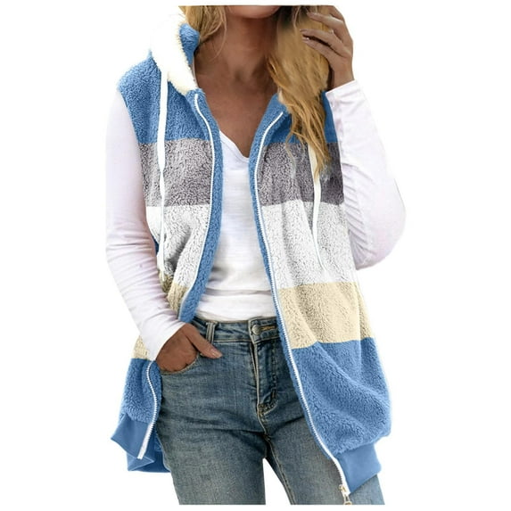 WREESH Womens Fuzzy Fleece Vest Sleeveless Hooded Zipper Vest Plus Size Lightweight Jacket Outerwear Double Sided Plush Warm Winter Coats Blue