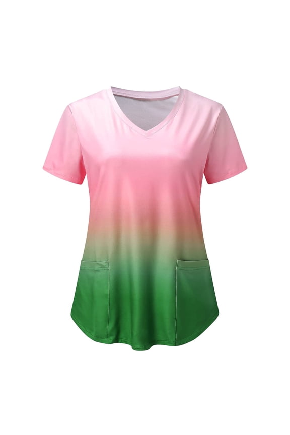 Womens Gradient Tunic Tops Fashion Short Sleeve V-Neck Tops Working Uniform Printing Pocket Blouse Tops Pink