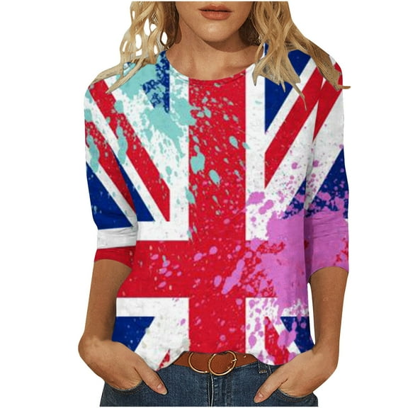 WREESH Womens Graphic Tees Great Britain Uk Flag T-Shirts 3/4 Sleeve Blouses for Vintage Print Shirt Casual Crew Neck Blouse Tunic Tops Red