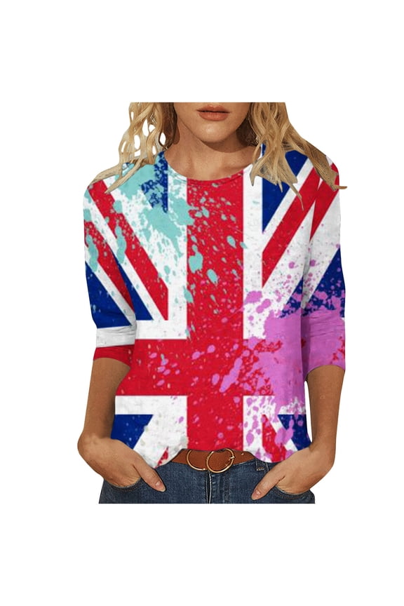 Womens Graphic Tees Great Britain Uk Flag T-Shirts 3/4 Sleeve Blouses for Vintage Print Shirt Casual Crew Neck Blouse Tunic Tops Red