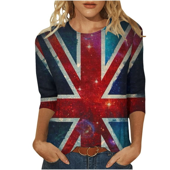 WREESH Womens Graphic Tees Great Britain Uk Flag T-Shirts 3/4 Sleeve Blouses for Vintage Print Shirt Casual Round Neck Blouse Pullover Tunic Tops Red