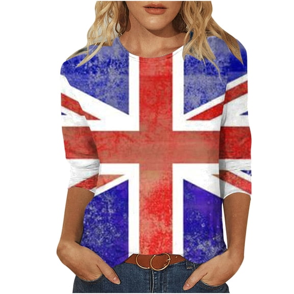 WREESH Womens Graphic Tees Great Britain Uk Flag T-Shirts Casual 3/4 Sleeve T-Shirts Vintage Print Shirts Round Neck Tunic Tops Loose Pullover Blouses Red