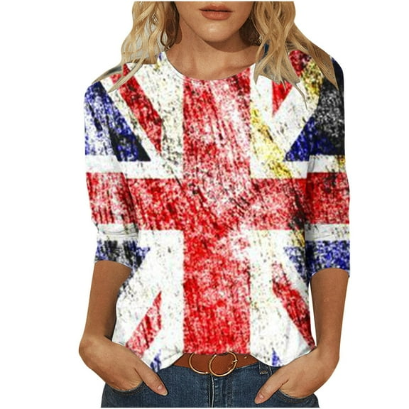 WREESH Womens Graphic Tees Great Britain Uk Flag T-Shirts Casual 3/4 Sleeve T-Shirts Vintage Print Shirts Round Neck Tunic Tops Loose Pullover Blouses Red