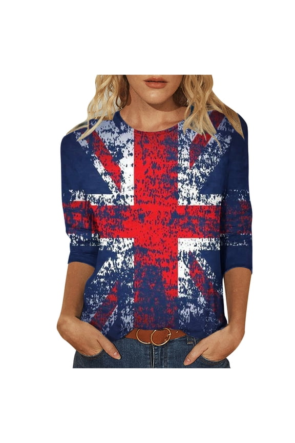 Womens Graphic Tees Great Britain Uk Flag T-Shirts Casual 3/4 Sleeve T-Shirts Vintage Print Shirts Crewneck Tunic Tops Loose Pullover Blouses Red