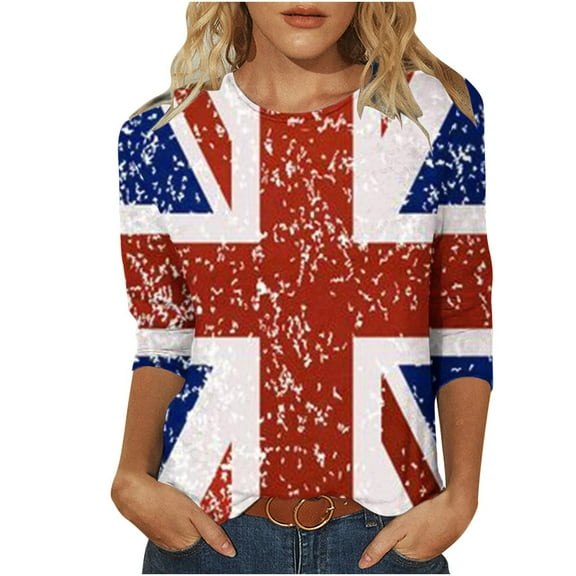 WREESH Womens Graphic Tees Great Britain Uk Flag T-Shirts Casual 3/4 Sleeve T-Shirts Vintage Print Shirts Round Neck Tunic Tops Loose Pullover Blouses Red