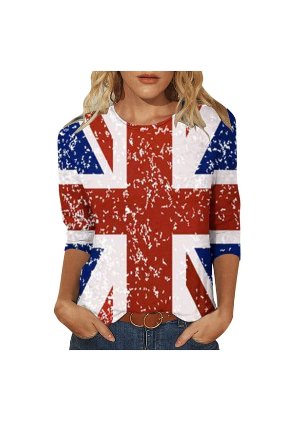 Womens Graphic Tees Great Britain Uk Flag T-Shirts Casual 3/4 Sleeve T-Shirts Vintage Print Shirts Round Neck Tunic Tops Loose Pullover Blouses Red