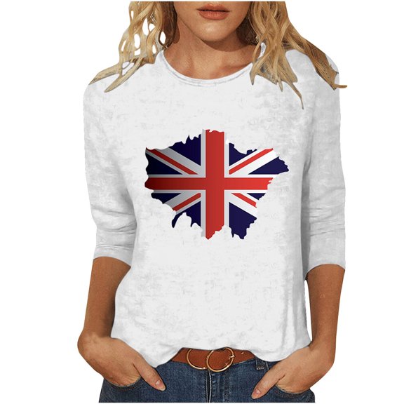 WREESH Womens Great Britain Uk Flag T-Shirts Casual 3/4 Sleeve T-Shirts Round Neck Cute Tunic Tops Basic Graphic Tees Blouses Loose Fit Pullover White