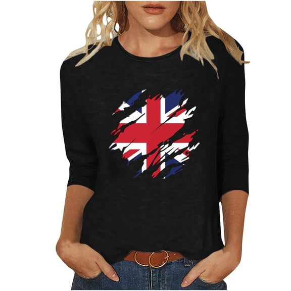 WREESH Womens Great Britain Uk Flag T-Shirts Casual 3/4 Sleeve T-Shirt Patriotic Basic Graphic Tees Blouse Round Neck Pullover Tops Black