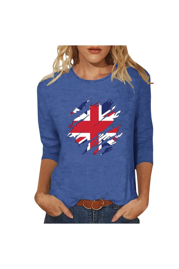 Womens Great Britain Uk Flag T-Shirts Casual 3/4 Sleeve T-Shirt Patriotic Basic Graphic Tees Blouse Round Neck Pullover Tops Blue