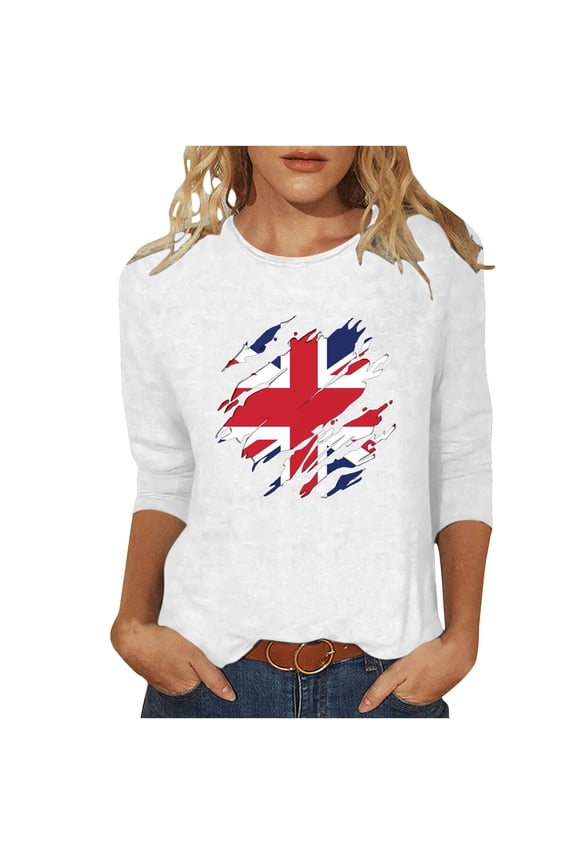 Womens Great Britain Uk Flag T-Shirts Casual 3/4 Sleeve T-Shirt Patriotic Basic Graphic Tees Blouse Round Neck Pullover Tops White