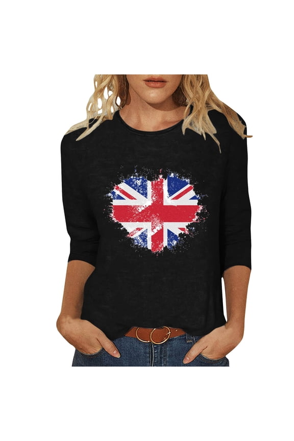 Womens Great Britain Uk Flag T-Shirts Casual 3/4 Sleeve T-Shirts Basic Crewneck Graphic Tees Loose Fit Pullover Blouses Tunic Tops Black