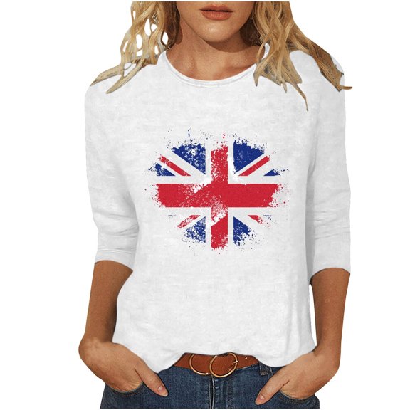 WREESH Womens Great Britain Uk Flag T-Shirts Casual 3/4 Sleeve T-Shirts Basic Crewneck Graphic Tees Loose Fit Pullover Blouses Tunic Tops White