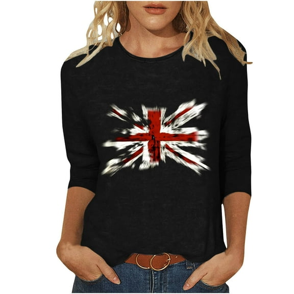 WREESH Womens Great Britain Uk Flag T-Shirts Casual 3/4 Sleeve T-Shirts Crewneck Tunic Tops Basic Graphic Tees Loose Pullover Blouses Black