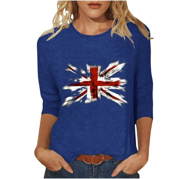 WREESH Womens Great Britain Uk Flag T-Shirts Casual 3/4 Sleeve T-Shirts Crewneck Tunic Tops Basic Graphic Tees Loose Pullover Blouses Blue