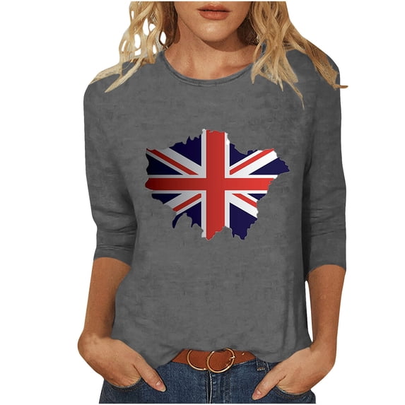 WREESH Womens Great Britain Uk Flag T-Shirts Casual 3/4 Sleeve T-Shirts Round Neck Cute Tunic Tops Basic Graphic Tees Blouses Loose Fit Pullover Gray
