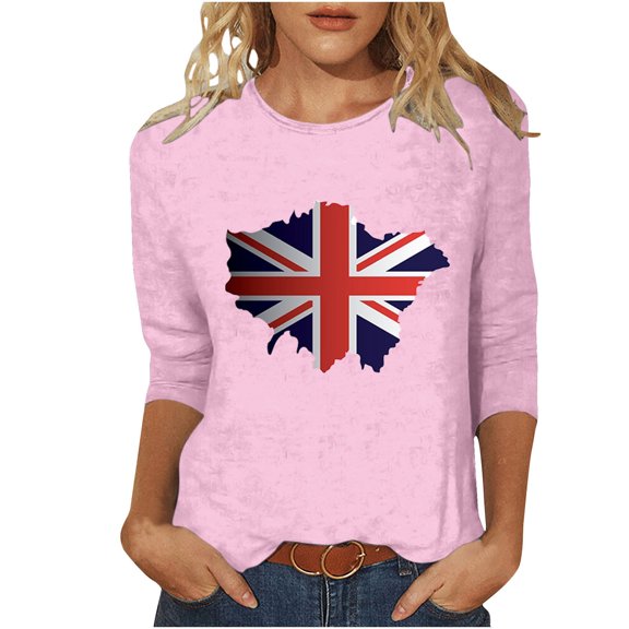 WREESH Womens Great Britain Uk Flag T-Shirts Casual 3/4 Sleeve T-Shirts Round Neck Cute Tunic Tops Basic Graphic Tees Blouses Loose Fit Pullover Pink