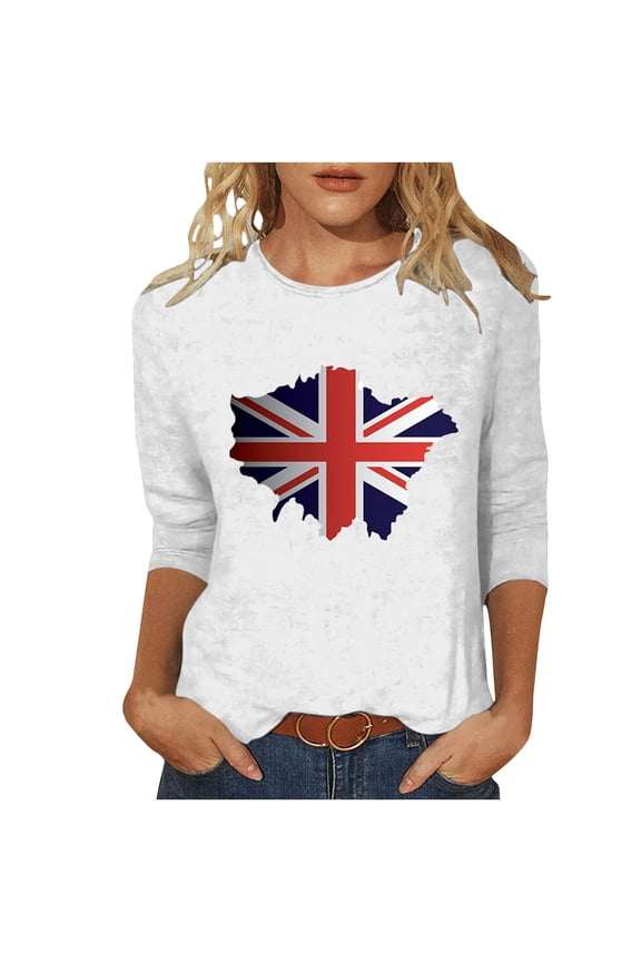 Womens Great Britain Uk Flag T-Shirts Casual 3/4 Sleeve T-Shirts Round Neck Cute Tunic Tops Basic Graphic Tees Blouses Loose Fit Pullover White
