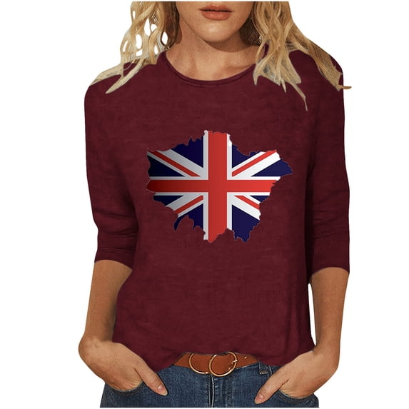 WREESH Womens Great Britain Uk Flag T-Shirts Casual 3/4 Sleeve T-Shirts Round Neck Cute Tunic Tops Basic Graphic Tees Blouses Loose Fit Pullover Wine
