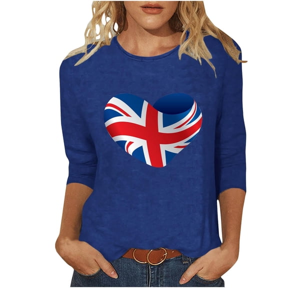 WREESH Womens Great Britain Uk Flag T-Shirts Casual 3/4 Sleeve T-Shirts Round Neck Tunic Tops Basic Graphic Tees Loose Fit Pullover Blouses Blue
