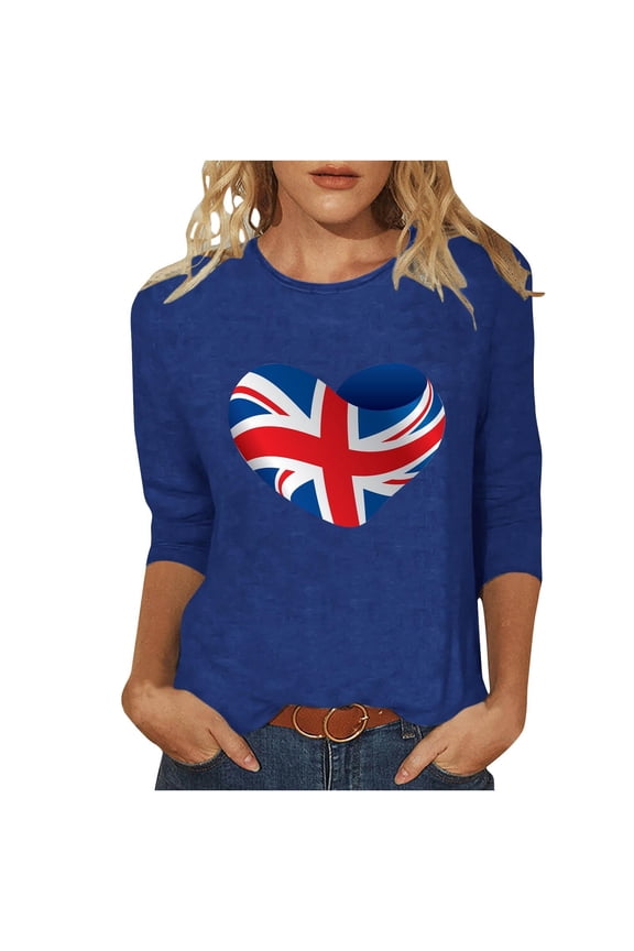 Womens Great Britain Uk Flag T-Shirts Casual 3/4 Sleeve T-Shirts Round Neck Tunic Tops Basic Graphic Tees Loose Fit Pullover Blouses Blue