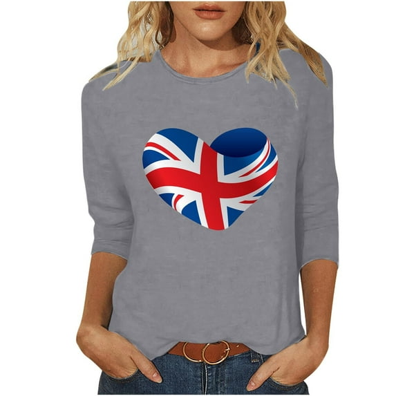 WREESH Womens Great Britain Uk Flag T-Shirts Casual 3/4 Sleeve T-Shirts Round Neck Tunic Tops Basic Graphic Tees Loose Fit Pullover Blouses Gray