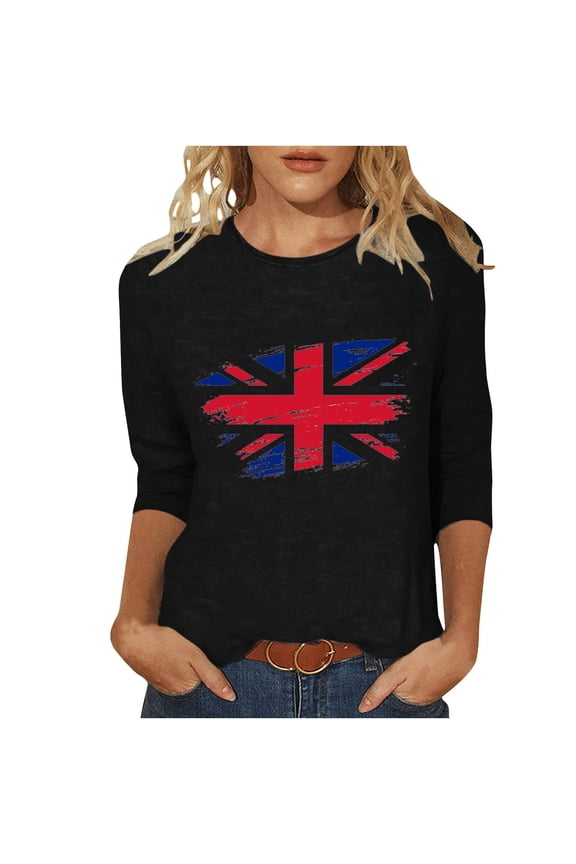 Womens Great Britain Uk Flag T-Shirts Casual 3/4 Sleeve T-Shirts Round Neck Tunic Tops Basic Graphic Tees Loose Pullover Blouses Black