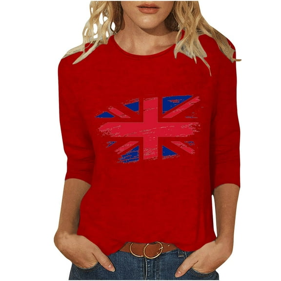WREESH Womens Great Britain Uk Flag T-Shirts Casual 3/4 Sleeve T-Shirts Round Neck Tunic Tops Basic Graphic Tees Loose Pullover Blouses Red