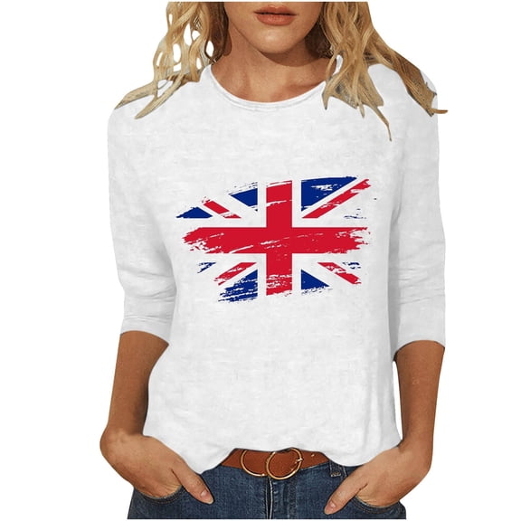 WREESH Womens Great Britain Uk Flag T-Shirts Casual 3/4 Sleeve T-Shirts Round Neck Tunic Tops Basic Graphic Tees Loose Pullover Blouses White