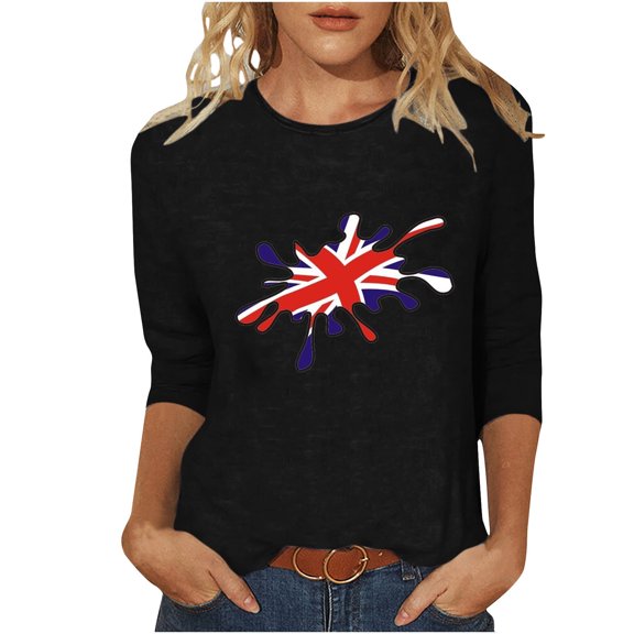 WREESH Womens Great Britain Uk Flag T-Shirts Fashion Printed T-Shirt 3/4 Length Sleeve Blouse Patriotic Basic Graphic Tees Crewneck Casual Tops Black
