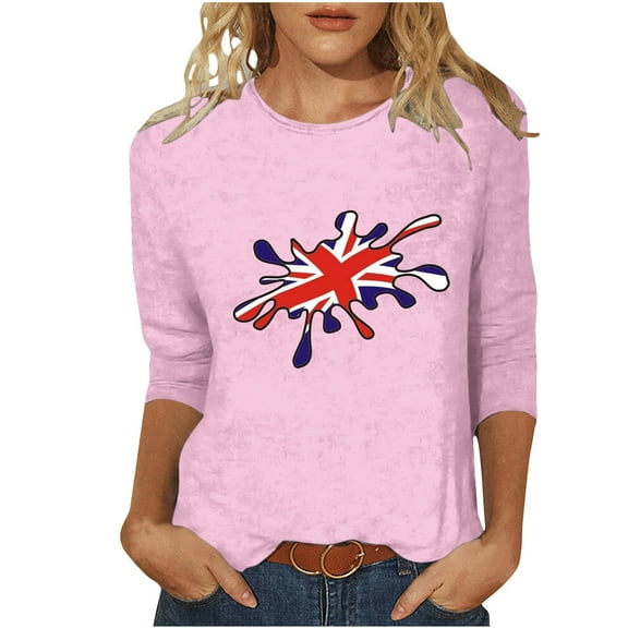 WREESH Womens Great Britain Uk Flag T-Shirts Fashion Printed T-Shirt 3/4 Length Sleeve Blouse Patriotic Basic Graphic Tees Crewneck Casual Tops Pink