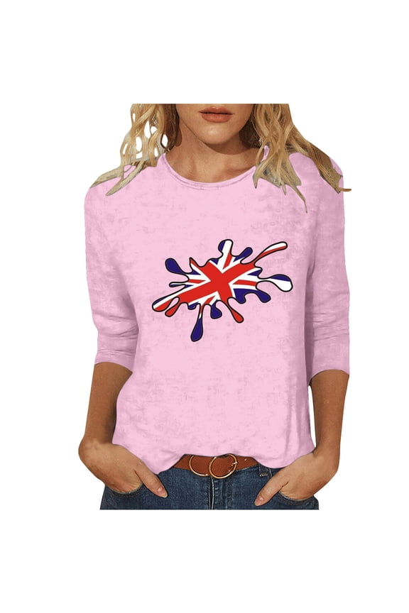 Womens Great Britain Uk Flag T-Shirts Fashion Printed T-Shirt 3/4 Length Sleeve Blouse Patriotic Basic Graphic Tees Crewneck Casual Tops Pink