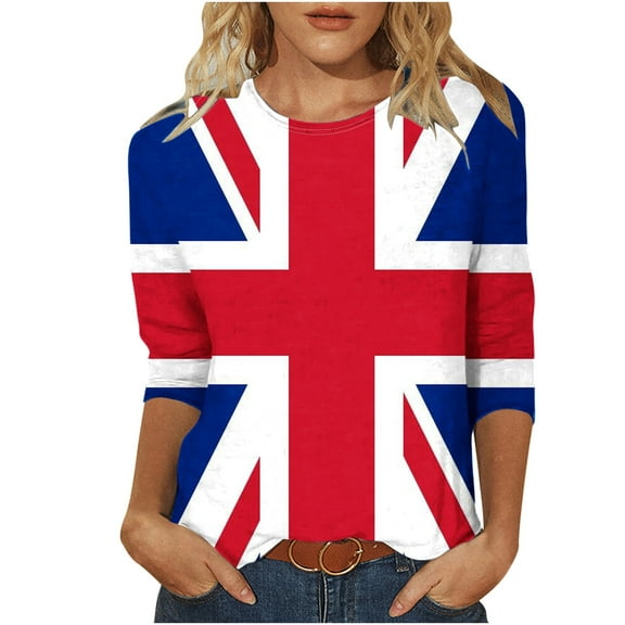 WREESH Womens Great Britain Uk Flag T-Shirts Vintage Printed Round Neck 3/4 Sleeve T-Shirt Patriotic Graphic Tees Loose Casual Pullover Blouse Tops Blue