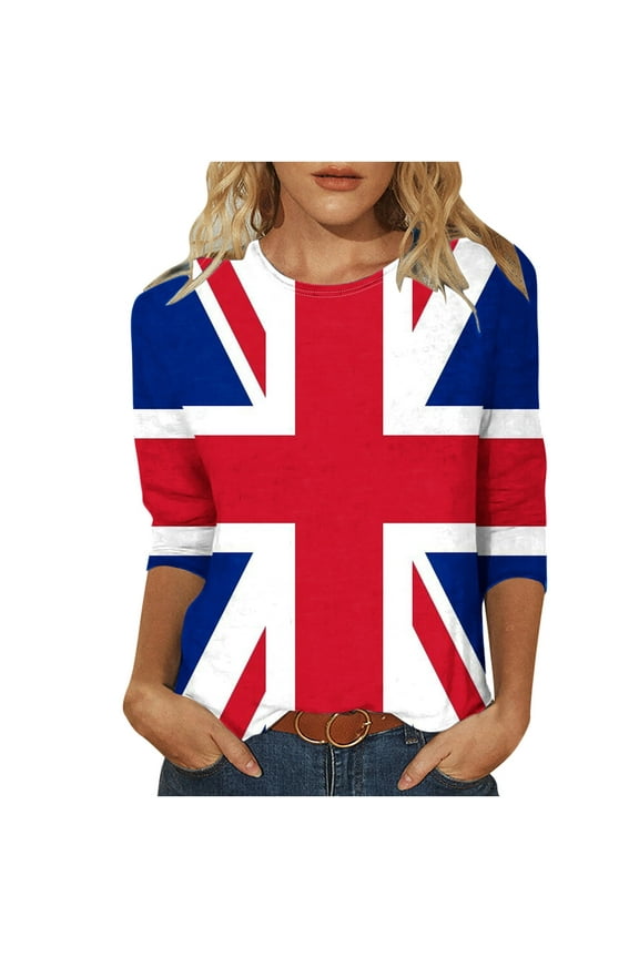 Womens Great Britain Uk Flag T-Shirts Vintage Printed Round Neck 3/4 Sleeve T-Shirt Patriotic Graphic Tees Loose Casual Pullover Blouse Tops Blue